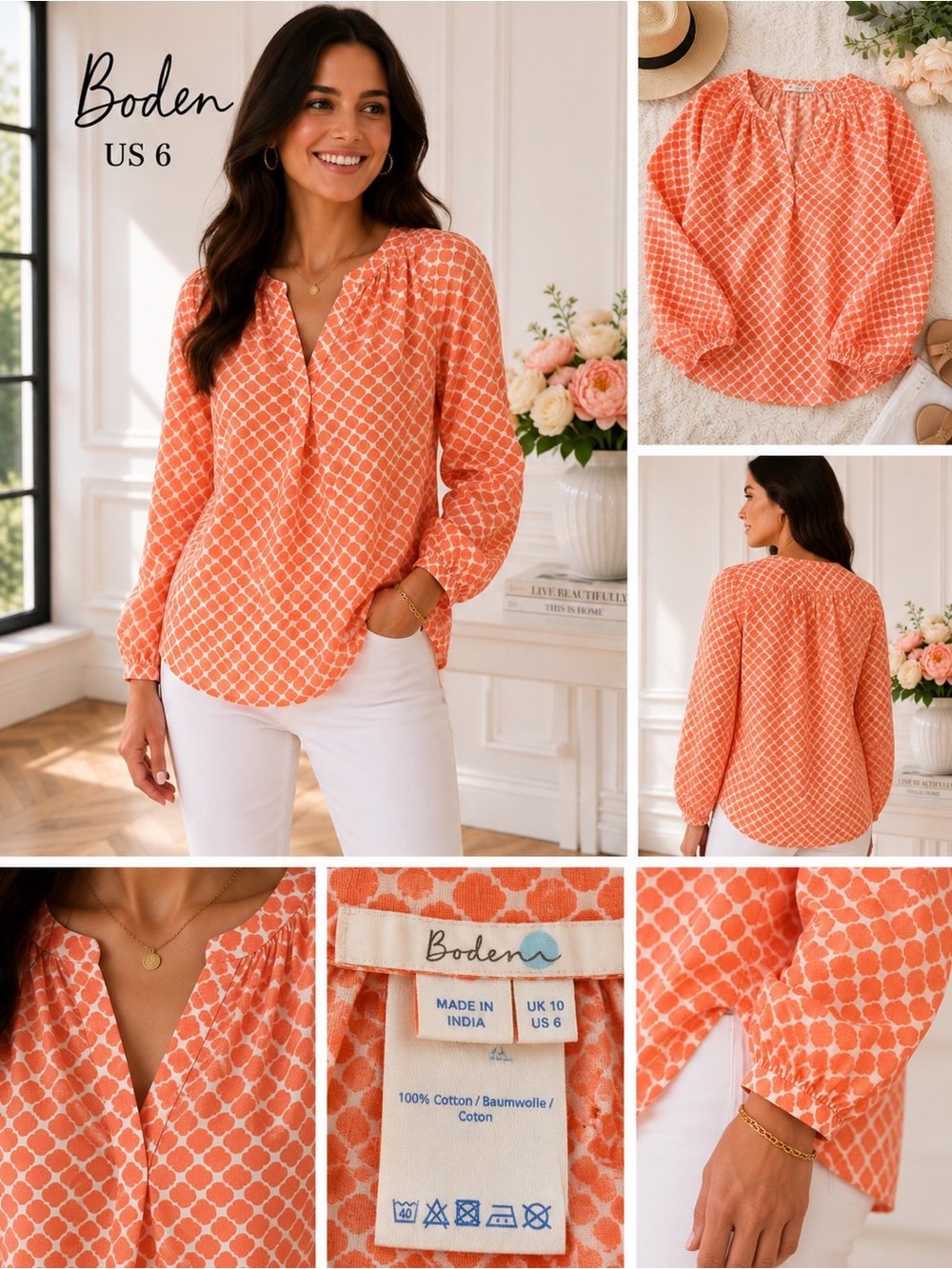 Boden US 6 100% Cotton Coral Geometric Print Blouse - Picture 2 of 9